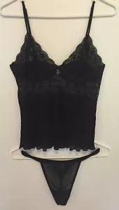 Victoria's Secret Vintage Black Sheer Lace Micro-pleated Camisole & Thong Set - Picture 1 of 8