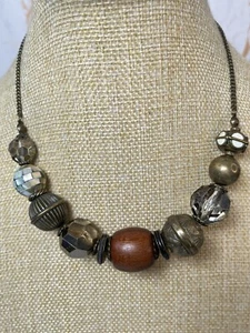 Statement Ethnic Mixed Chunky Bead & Brass Tone Chain Collar Necklace 41 - Picture 1 of 9