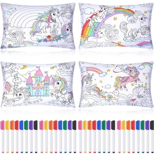 4 Pezzi Federa Colorante Unicorno con 12 Pezzi Marcatori Colora la tua Pillowca... - Foto 1 di 7