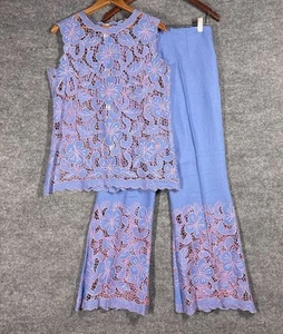 Set top e pantaloni vintage anni 70 donna piccoli ricamati floreali svasati fondo a campana - Foto 1 di 23