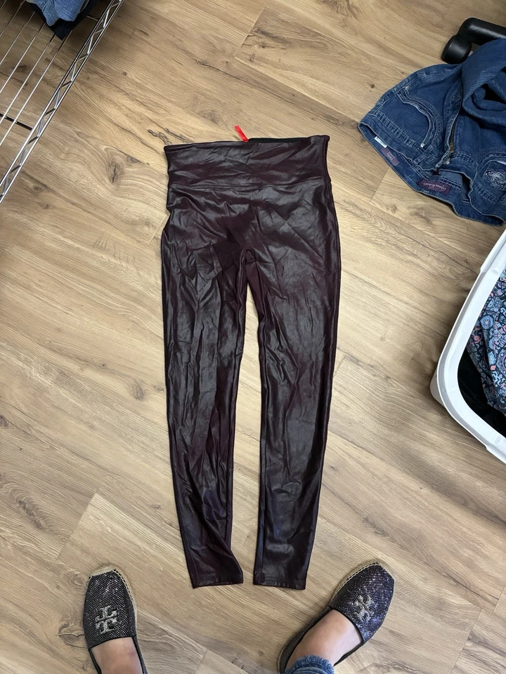 Spanx Plum Burgundy Shimmer Faux Leather Moto Leggings Size XL - Image 1 of 4