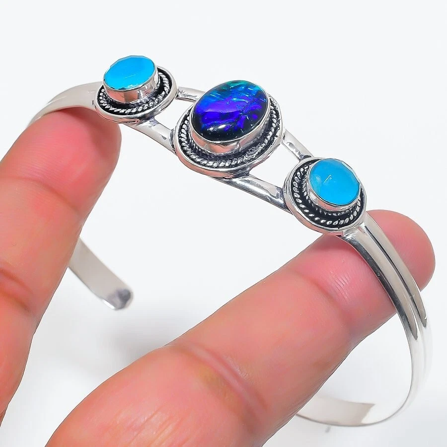 Brazalete ajustable triplete de piedras preciosas de ópalo hecho a mano de plata de ley 925 Foto 1 de 1