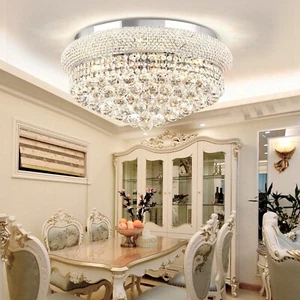 24" Luxury Silver Empire Crystal Chandelier Raindrop Flush Mount Ceiling Fixture - Picture 1 of 11