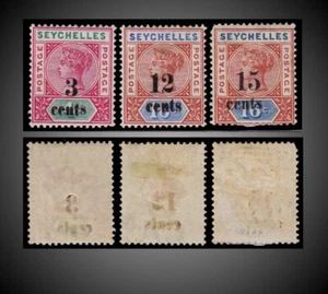 1893 SEYCHELLES QUEEN VICTORIA OVERPRINT 3,12,15 C. MINT NH TO H SCT. 22,23,24 - Picture 1 of 1