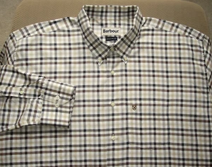 XLNT! BARBOUR TAN, BROWN & BLACK PLAID THICK SOFT COTTON BUTTON DOWN SHIRT XL - Picture 1 of 8