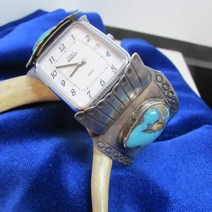VINTAGE SOUTHWEST N A STERLING UHRENARMBAND MIT 2 TÜRKISEN STEINEN - Bild 1 von 15