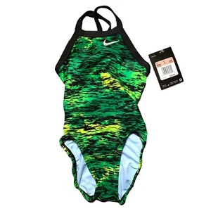 NWT Nike Size 20 Girls 5 One Piece Swimsuit Horizontal Pattern Green Black - Picture 1 of 2