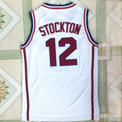 复古 John Stockton #12 篮球球衣青少年/男子缝制白色定制 S-6XL — 第 1/4 张图片