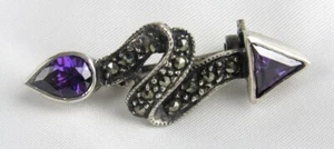Vintage Sterling Silver Marcasite Amethyst Glass Pear Triangle Brooch Pin - Picture 1 of 5