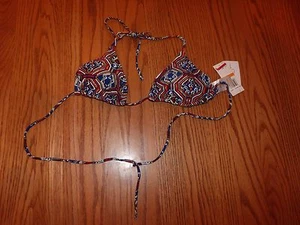 Nwt Womens Jessica Simpson Blue White Black Red Golf Print Bikini Swim Top Small - Picture 1 of 2