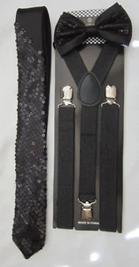 Unisex Black Sequin Bow tie,Black Glitter Y-Back Suspenders&Black Sequin Necktie - Picture 1 of 3