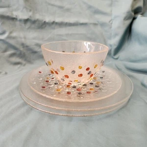 VTG 1970 Asteroid Jan Sylwester Drost Glass Colorful Dots 3 Plates & 1 Bowl - Picture 1 of 7