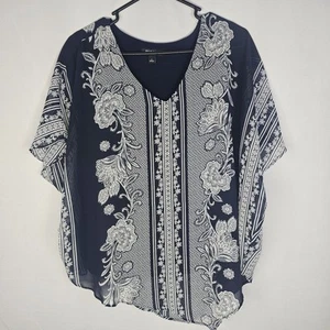 Roz & Ali Top Womens Size Large Blue White Print Tropical Casual Boho EUC  - Picture 1 of 5