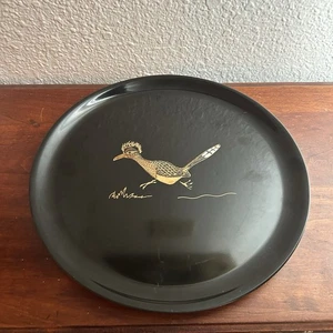 Couroc Of Monterey Round Roadrunner Plate Inlaid Wood And Brass MCM 10 INCH - Picture 1 of 4