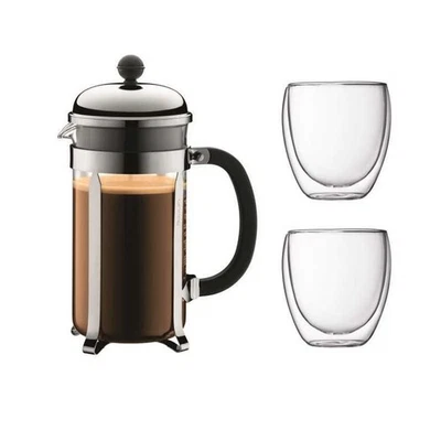BODUM CHAMBORD Set cafetiere a piston - 8 tasses - 1L - Gris - Avec 2 verres dou - Photo 1/4