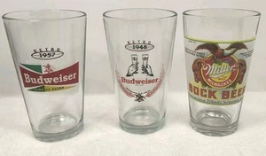 Vintage Set Of 3 Budweiser And Genuine Miller Beer Glasses Retro Bar Man Cave - Picture 1 of 12