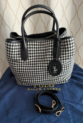 NWT Polo Ralph Lauren Medium Bellport Blk/White Houndstooth Wool Tote & Dust Bag - Image 1 of 4