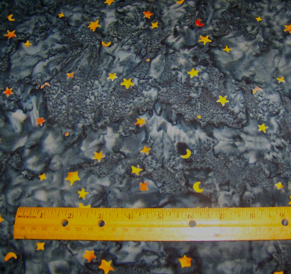1 ydAnthology NEVERMORE Orange Stars on BLACK 100% Batik Cotton Fabric HALLOWEEN - Image 1 of 1