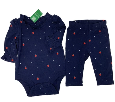 全新带标签 Baby Gap 女孩 0-3 个月蓝色紧身衣和裤子套装带红色苹果印花 — 第 1/4 张图片
