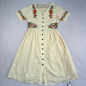 Retro Stage Midi Dress Women's S Beige Embroidered Floral V-Neck Button Vintage - Picture 1 of 18