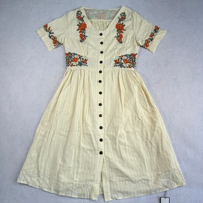Retro Stage Midi Dress Women's S Beige Embroidered Floral V-Neck Button Vintage - Image 1 of 4