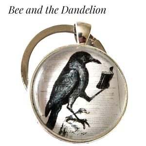 Crow Raven Reading A Book Handmade Glass Keyring. Steampunk Goth Wicca  Gift - Picture 1 of 6