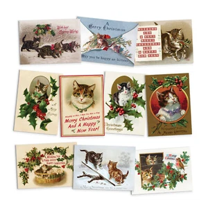Victorian Greeting Cards Christmas Card 10 Set Xmas New Year Retro Vintage Cats - Picture 1 of 12