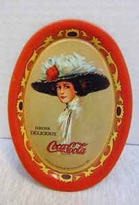 Vintage 1970s Oval Coca Cola Lady Tin Tip Tray 1909 Small 6.2" x 4.4" - Picture 1 of 3