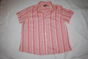 Womens BUTTON UP S/S SHIRT Vertical Stripes PINK WHITE BEIGE Darted Bust SIZE 1X - Picture 1 of 3