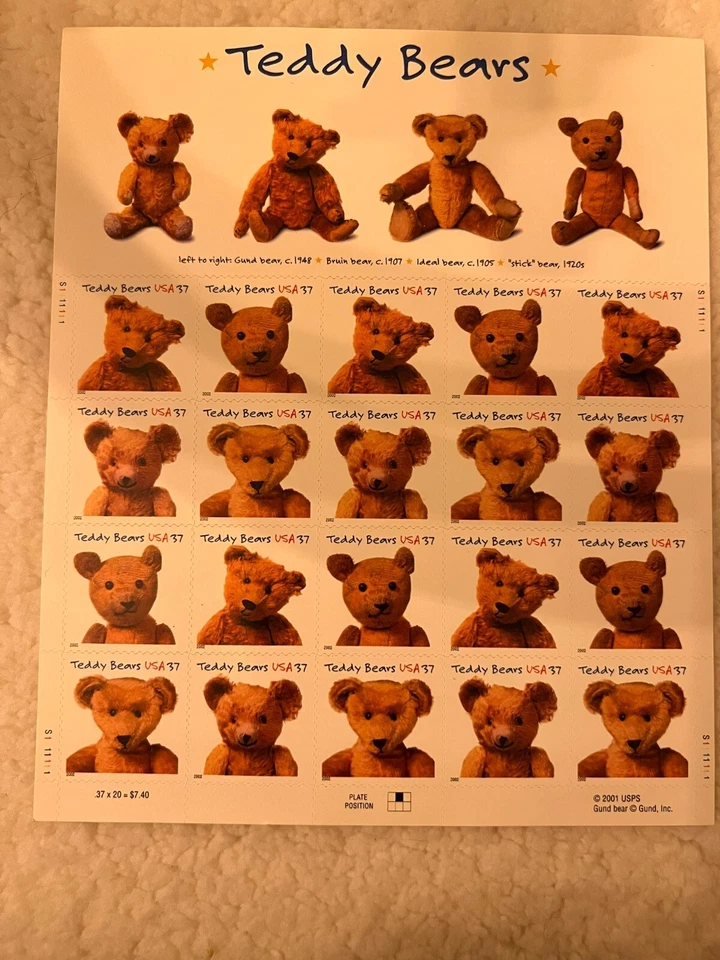 Teddy Bear stamps, Scott #3653-3656, new sheet of 20, 2001-2002 - Image 1 of 1