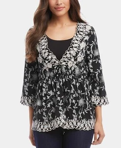 NWT $179 Karen Kane Women's XL Black Embroidered 3/4 Sleeve V Neck Top Blouse - Picture 1 of 4