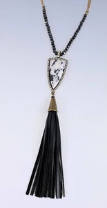 PANACEA Triangle Howlite Stone & Black Leather Tassel Pendant Gold-Tone Necklace - Picture 1 of 2