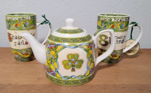 Celtic Shamrock Bone China Teapot  + 2 Mugs,  Irish Weave - Picture 1 of 9