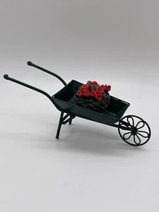 Vintage Miniature Dollhouse Wire Green Wheelbarrow planter & Pink Flowers Roses - Picture 1 of 9