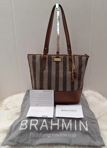 Brahmin Leather **NWT** Asher BROWN FASHION RAFFIA & Leather Tote Bag HTF - Picture 1 of 21