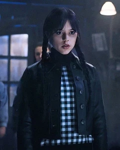 Wednesday Addams Black Cowhide Leather Cropped Jacket Women’s Gothic Short Coat - Picture 1 of 4