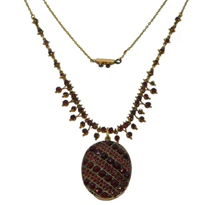 19th Century Austro-Hungarian Gold & Bohemian Garnet Locket Necklace Antique - Picture 1 of 9