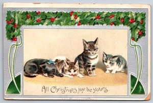 Gatti di Natale ~ Quattro gattini ~ Holly Berry argento verde Art Nouveau ~ in rilievo - Foto 1 di 2