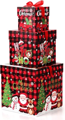 3 Pcs Christmas Nesting Gift Boxes Buffalo Plaid Xmas Stackable Boxes Black Red - Image 1 of 4