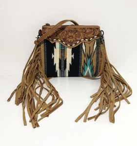 American Darling Tooled Fringed Crossbody Blanket Messenger Bag 9.5” W x 8.5” H - Picture 1 of 9