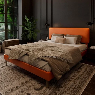 Upholstered Platform Bed Frame, PU Leather Adjustable Headboard, No Box spring - Image 1 of 4