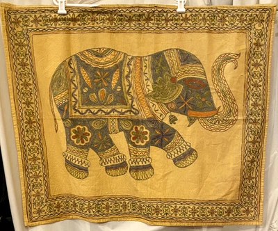 Dramatic 100% Cotton Embroidered Elephant Wall Hanging, Tapestry, India?, 28x35 - Image 1 of 4