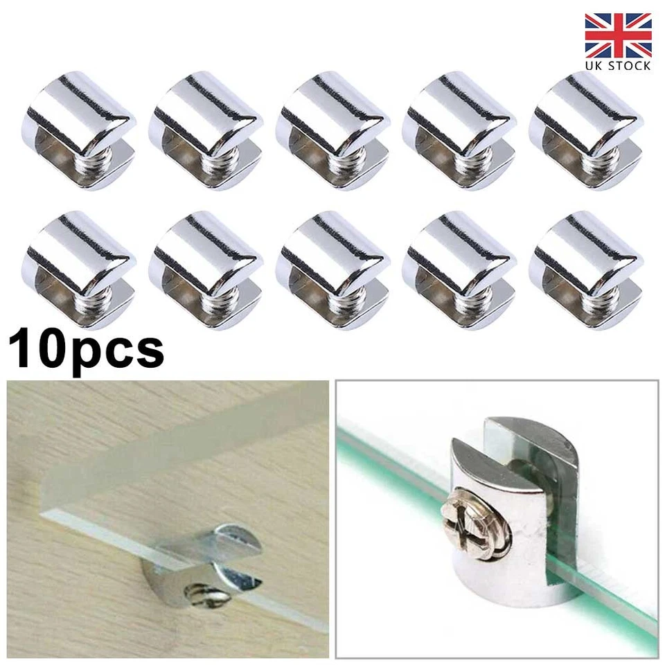 Glass Shelf Support Clamp Bracket Clip 10PCS Chrome Shelves 6mm-8mm KIT Polished - Image 1 of 4