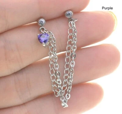 Piercing de orelha joia coração de aço inoxidável com corrente piercing duplo - Imagem 1 de 4