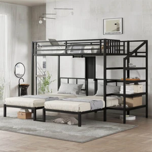 Metal Triple Bunk Beds Twin Over Twin &Twin Bunk Bed w/Storage Stairs for 3 Kids - Picture 1 of 15