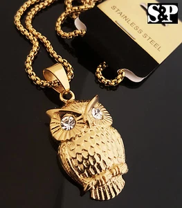 HIP HOP STAINLESS STEEL CUBIC ZIRCONIA OWL PENDANT 24" BOX ROUND CHAIN NECKLACE - Picture 1 of 17