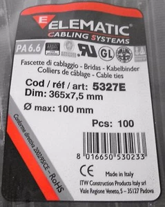 Elematic 5327E Cable Ties Dim: 365x7.5mm 0max: 100mm (4 bags of 100 ties) - Afbeelding 1 van 4