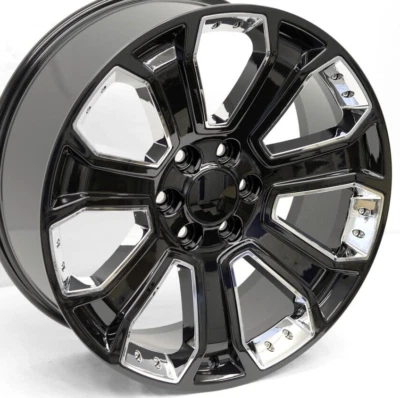 22" Black & Chrome OE Denali Replica Wheels 22x9 6X139.7 +24mm Chevy GMC Sierra - Image 1 of 4