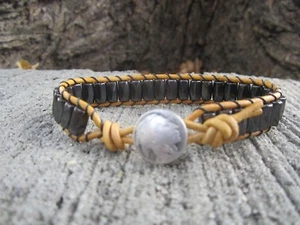 Great Gift Men's Golf Sports Bracelet Gold / Tan Leather Black Magnetic Hematite - Picture 1 of 9