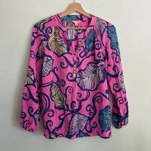 Lilly Pulitzer Elsa Pink Silk Top Leaves In The Breeze Tropical Resort Size XS - Picture 1 of 13